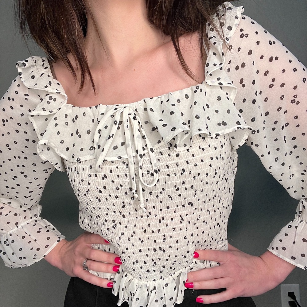 White Ruffle Blouse with Black Floral Print